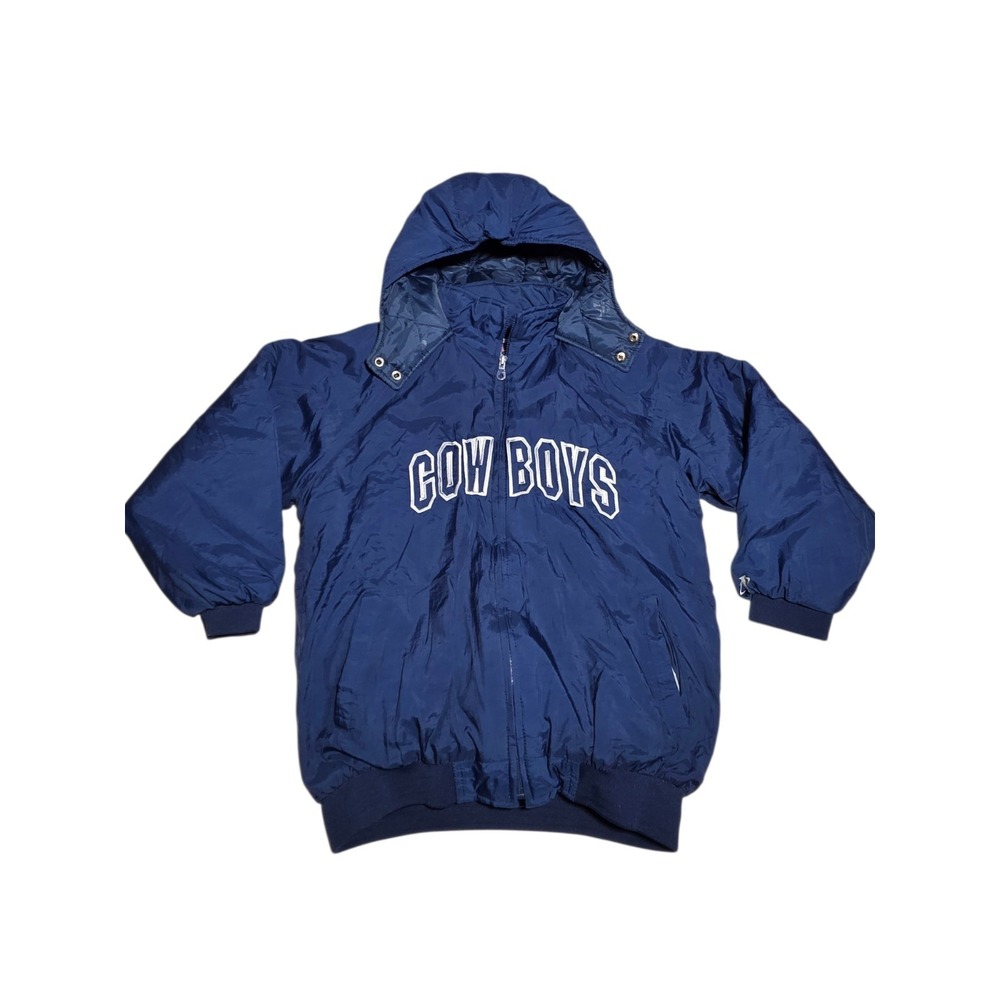 Vintage Dallas Cowboys Hooded Puffer Jacket Logo Athletic Game Day Youth L 14–16